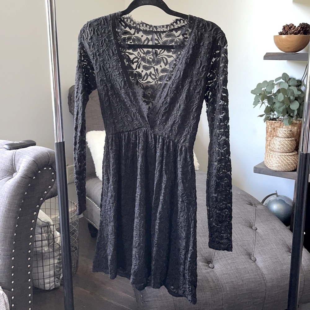 Boutique Black Lace Dress with Drop Neck